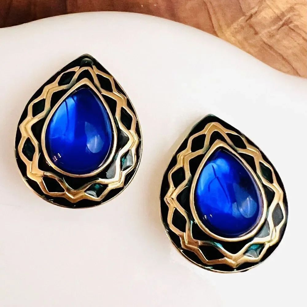 Vintage Galleria Gripoix Earrings Clip On Enamel Blue Glass Gold Teardrop 4613